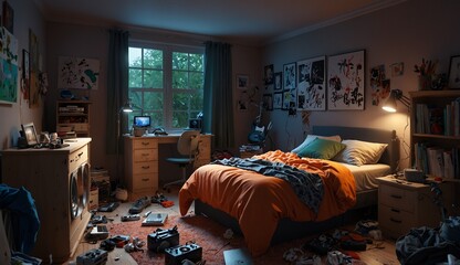 Messy bedroom with scattered items, lit by a window, modern décor