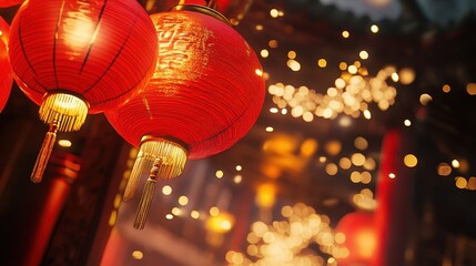 Red Chinese Lanterns Hanging with Gold Tassels and Bokeh Lights