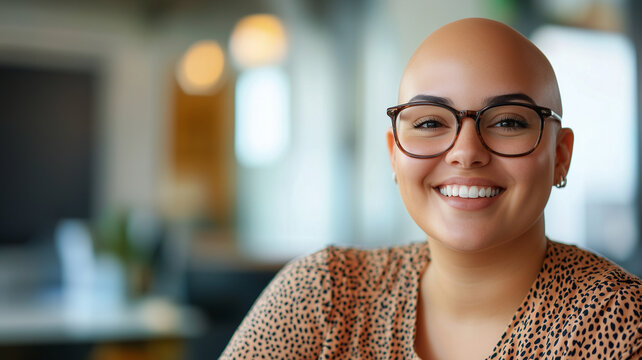Bald plus size female office worker smiling; office environment; inclusive & diverse friendly workplace. Acceptance of diversity, body inclusive theme. Diversity themes poster concerning baldness, bea