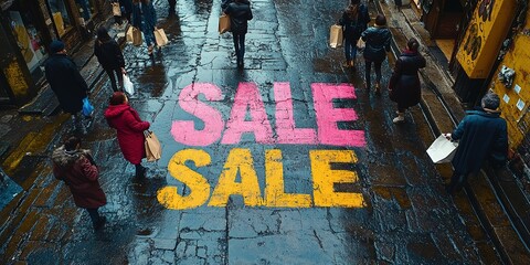 Fototapeta premium A close-up of a pink Sale inscription on the asphalt against a background of blurred people with colorful bags. The concept of discounts and sales
