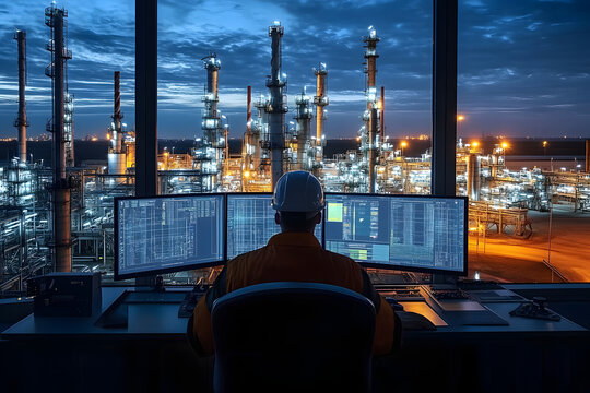 An engineer oversees refinery operations from a control room workstation as evening light illuminates the facility's machinery and infrastructure