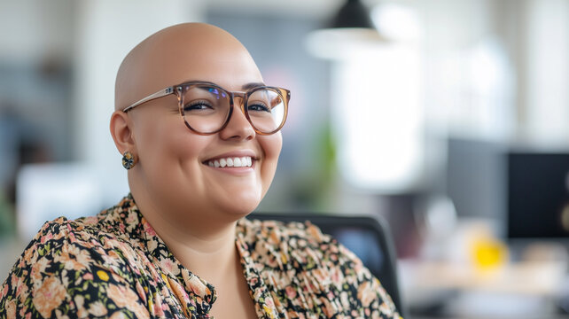 Bald plus size female office worker smiling; office environment; inclusive & diverse friendly workplace. Acceptance of diversity, body inclusive theme. Diversity themes poster concerning baldness, bea