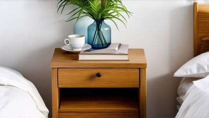 Element of bedroom interior design with home decor on wooden nightstand close to bed. Coffee cup over book and vase with plants against white wall. Vintage night table in room
