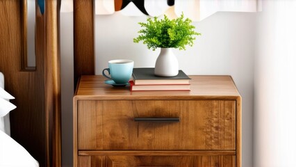 Element of bedroom interior design with home decor on wooden nightstand close to bed. Coffee cup over book and vase with plants against white wall. Vintage night table in room