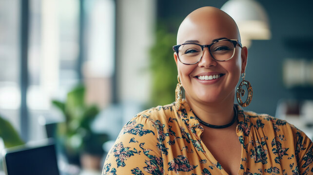 Bald plus size female office worker smiling; office environment; inclusive & diverse friendly workplace. Acceptance of diversity, body inclusive theme. Diversity themes poster concerning baldness, bea