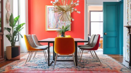 Vibrant Eclectic Dining Room With Colorful Chairs and Artistic Decor for Joyful Family Gatherings. Generative AI