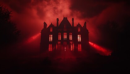 Fototapeta premium A ghostly structure with glowing windows appears from dense red fog in the darkness.