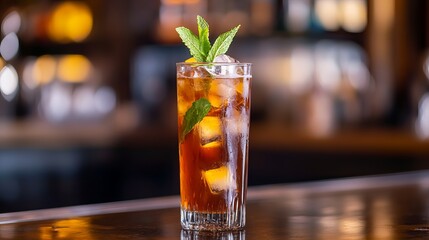 A close-up shot of a glass filled with a Long Island Ice Tea cocktail, garnished with a sprig of mint, resting on a bar counter. 
