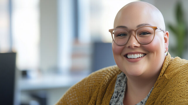 Bald plus size female office worker smiling; office environment; inclusive & diverse friendly workplace. Acceptance of diversity, body inclusive theme. Diversity themes poster concerning baldness, bea