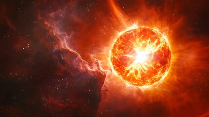 Obraz premium Stellar Transformation: Red Giant Star Encased in Planetary Nebula and Clouds Shaped by Dark Matter