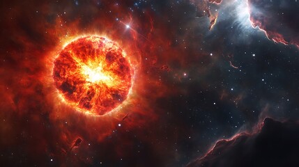 Fototapeta premium Red Giant Star in Decline Surrounded by Expansive Nebula and Molecular Cloud With Gravitational Waves Present