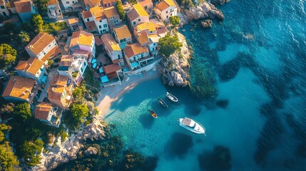 Aerial drone view of coastal village, small boats on clear blue water, houses on rocky shore	