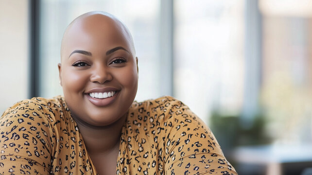 Bald plus size female office worker smiling; office environment; inclusive & diverse friendly workplace. Acceptance of diversity, body inclusive theme. Diversity themes poster concerning baldness, bea