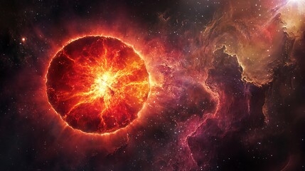 Obraz premium Red Giant’s Radiance Illuminating a Nebula, Molecular Clouds, and Dark Matter Structures in Space