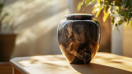 Elegant black marble urn in sunlight on a wooden table