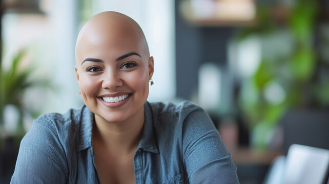 Bald plus size female office worker smiling; office environment; inclusive & diverse friendly workplace. Acceptance of diversity, body inclusive theme. Diversity themes poster concerning baldness, bea