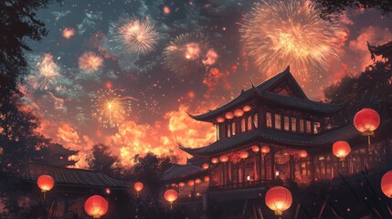 Fototapeta premium Traditional Chinese Architecture Illuminated by Fireworks and Lanterns
