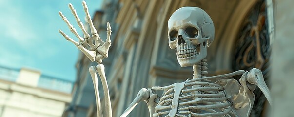 Human skeleton in a playful farewell pose, artistically highlighting skeletal structure.