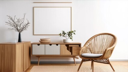 Creative composition of living room interior with mock up poster frame, copy space, wooden sideboard, vase with branch, rattan armchair, beige rug and personal accessories. Home decor