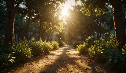 Obraz premium Sunlight beams through tree-lined path in lush, green forest scene.