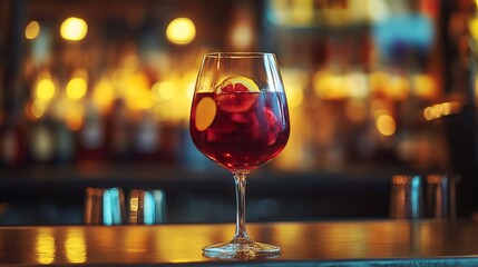 A glass of red wine or fresh sangria rests upon a brightly lit bar counter. 