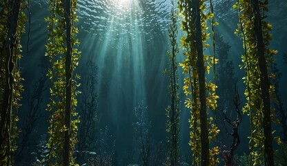Obraz premium Underwater kelp forest with sunlight filtering through water.