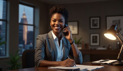 Confident black businesswoman talking on phone in city office