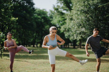 Group of young adults performing calisthenics exercises in an outdoor park setting, focused on fitness and well-being.