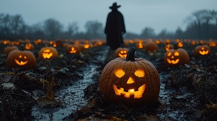 A creepy pumpkin patch at twilight, glowing jack-o'-lanterns with eerie faces, mist creeping between the rows, and a silhouette of a scarecrow coming to life in the background..