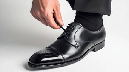 A man puts on a black shoe using a shoehorn. The shoe is set against a white background. 