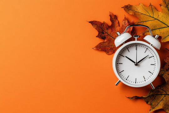 Daylight saving time ends. Black clock on orange background with autumn leaves. Summer time end and fall season coming. Clock turn backward to winter time. Autumn equinox