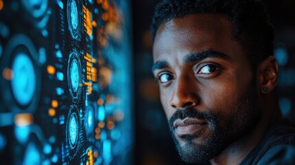 Serious man looking directly at futuristic digital interface, surrounded by blue glowing technology and data systems, focused on tech innovation and artificial intelligence