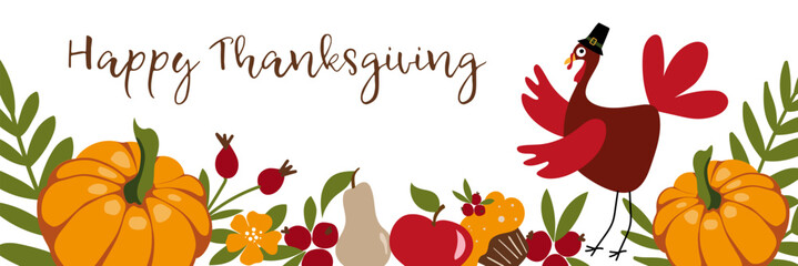 Horizontal banner or border for the harvest festival with turkey, pumpkin, fruit and leaves. Happy Thanksgiving.