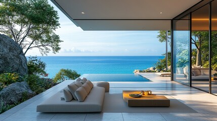 Escape to a beach house with glass walls and stunning ocean views wallpaper