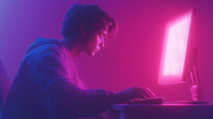 Male programmer at work, man coding and sitting in front of a monitor at a computer	