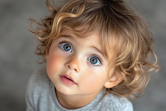 A young child looking up at the camera with wide eyes, their innocent curiosity captured in a soft, natural light