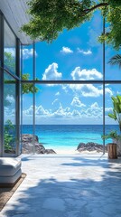 Beach house glass windows overlooking the vibrant blue ocean view wallpaper
