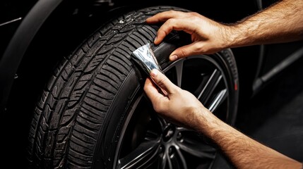 Expert Mechanic Installing a New Car Tire- Detailed view of a mechanic's hands changing a car tire, showcasing the precision and expertise required for this task