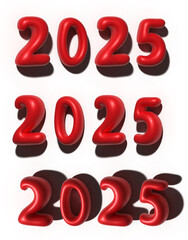 Red numbers 2025 with shadow on isolated background, 3D rendering illustration