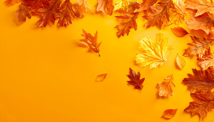 Autumn background with falling leaves isolated on yellow background