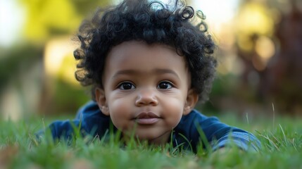 Fototapeta premium Smiling infant lying on grass, adorable baby face, joyful child, outdoor playtime concept