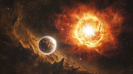 Fototapeta premium Binary star system with one star being a white dwarf and the other a red giant within a molecular cloud filled with dark nebulae