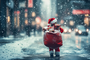 Santa Claus Apprentice. Little Kid Dressed as Santa Carrying Bag Full of Gifts