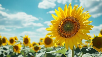 Amidst the vast Ukrainian countryside, golden sunflowers stand proudly, their towering stems reaching for the sky. Their enormous blooms, painted in vibrant shades of yellow, resemble miniature suns