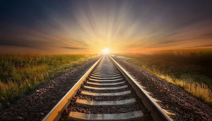 Fotobehang A single set of train tracks leading into a foggy sunrise. © Rgfx