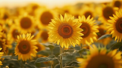 Obraz premium Amidst the vast Ukrainian countryside, golden sunflowers stand proudly, their towering stems reaching for the sky. Their enormous blooms, painted in vibrant shades of yellow, resemble miniature suns