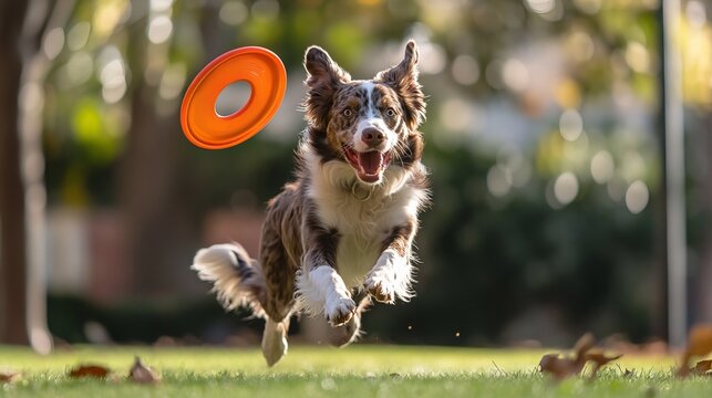 An Australian Shepherd named Bolt is seen catching a flying frisbee disc in a park. Bolt is one of many Australian Shepherds that excel at catching frisbees due to their herding instincts