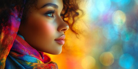 Vibrant portrait of an individual adorned with a colorful scarf, softly blurred background enhances the vivid colors, creating a harmonious composition