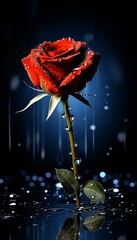 A single red rose standing elegantly in water with dew drops against a dark blue background