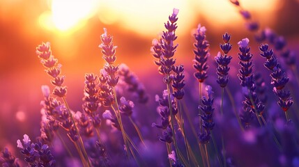 Obraz premium Blooming lavender fields in Provence basking in the warm glow of sunset. The vibrant purple hues of the lavender flowers create a picturesque landscape, complemented by the soft bokeh effect